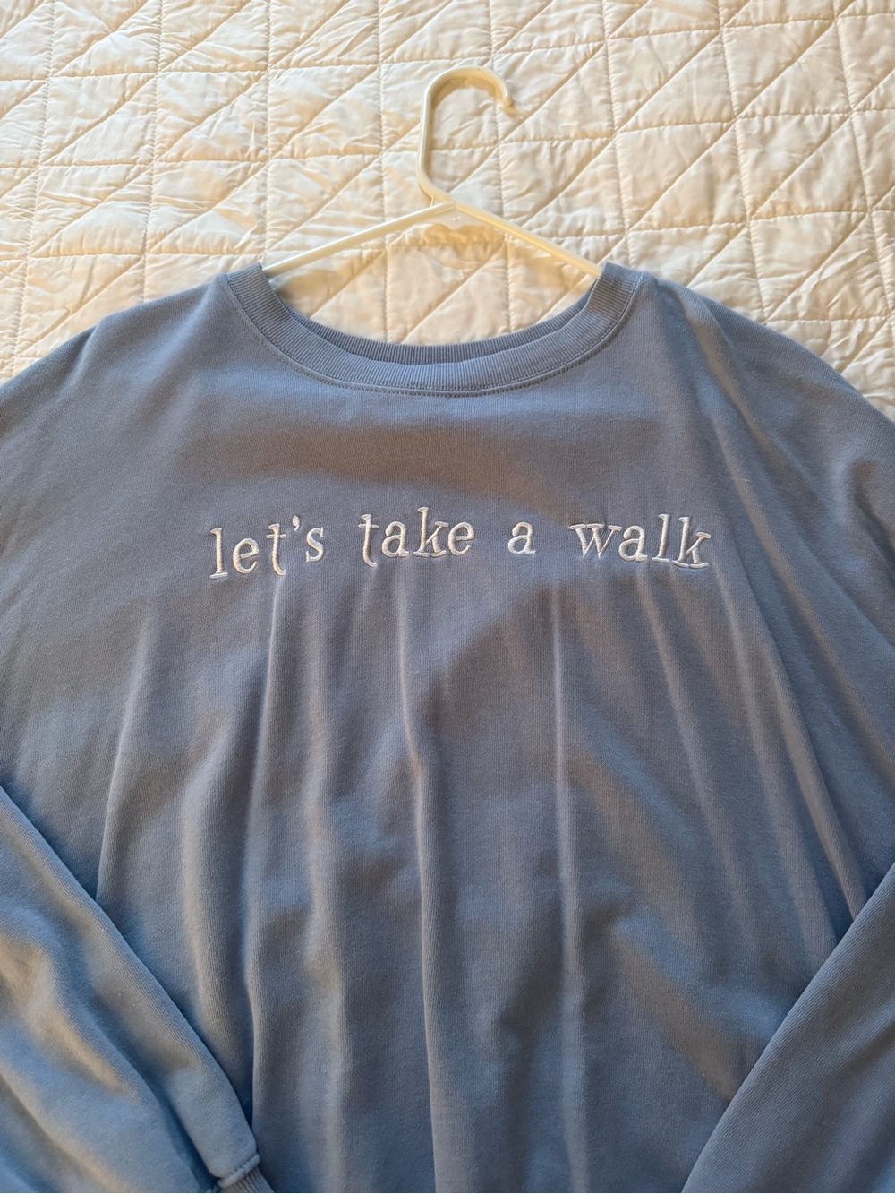 Mighty Fine Blue Crewneck Sweater "let's take a walk"